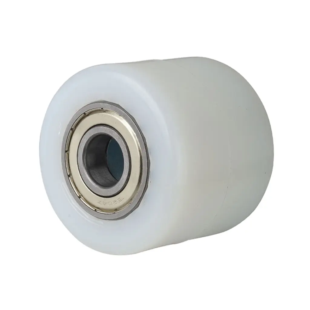 B15.075 Wheel series Pallet truck roller 75x65mm white nylon 20mm bore, width over ball bearings 64.2mm, 600kg