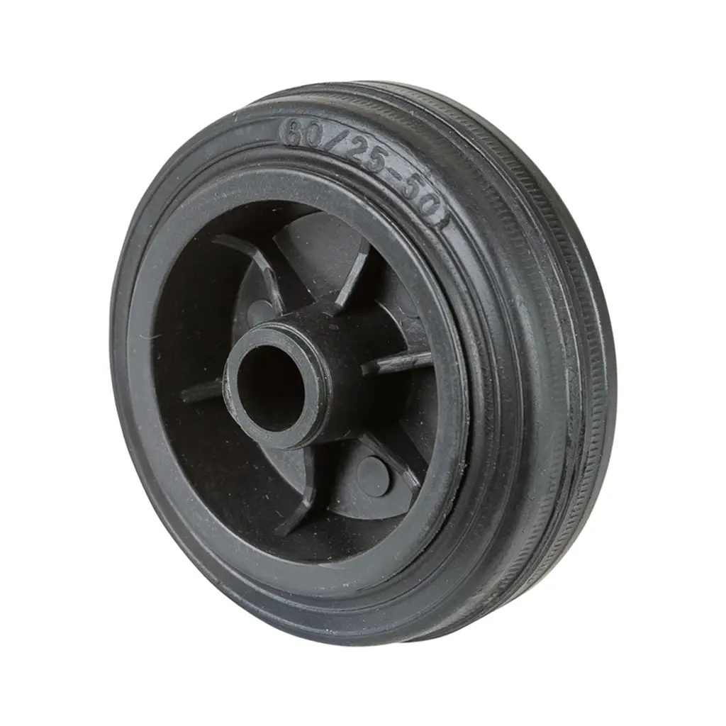 B40.080 Wheel series 80mm black rubber on polypropylene centre 12mm bore hub length 39mm plain bearing 50kg