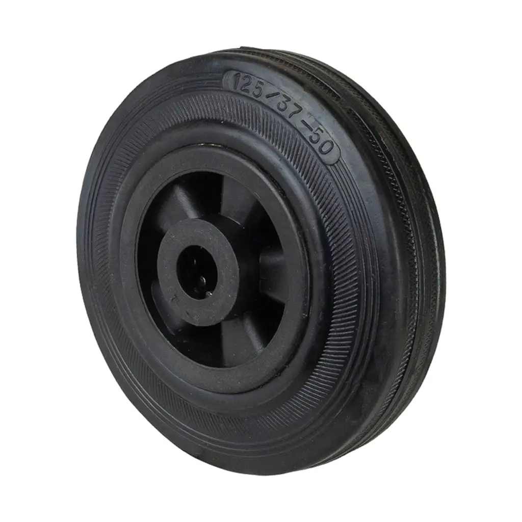 B45.125 Wheel series 125mm black rubber on polypropylene centre 15mm bore hub length 50mm roller bearing 100kg