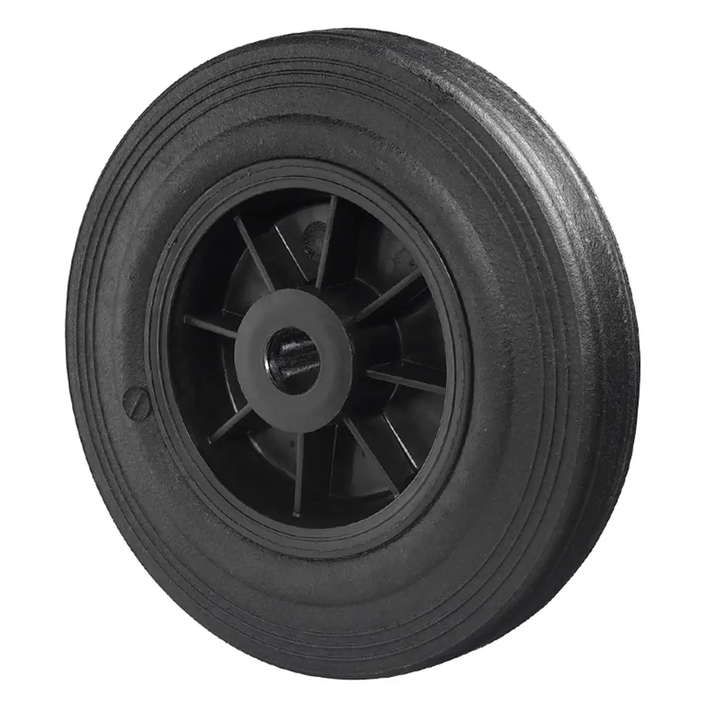 B45.200 Wheel series 200mm black rubber on polypropylene centre 20mm bore hub length 60mm roller bearing 205kg