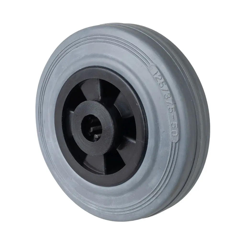 B46.125 Wheel series 125mm grey rubber on polypropylene centre 15mm bore hub length 50mm roller bearing 100kg
