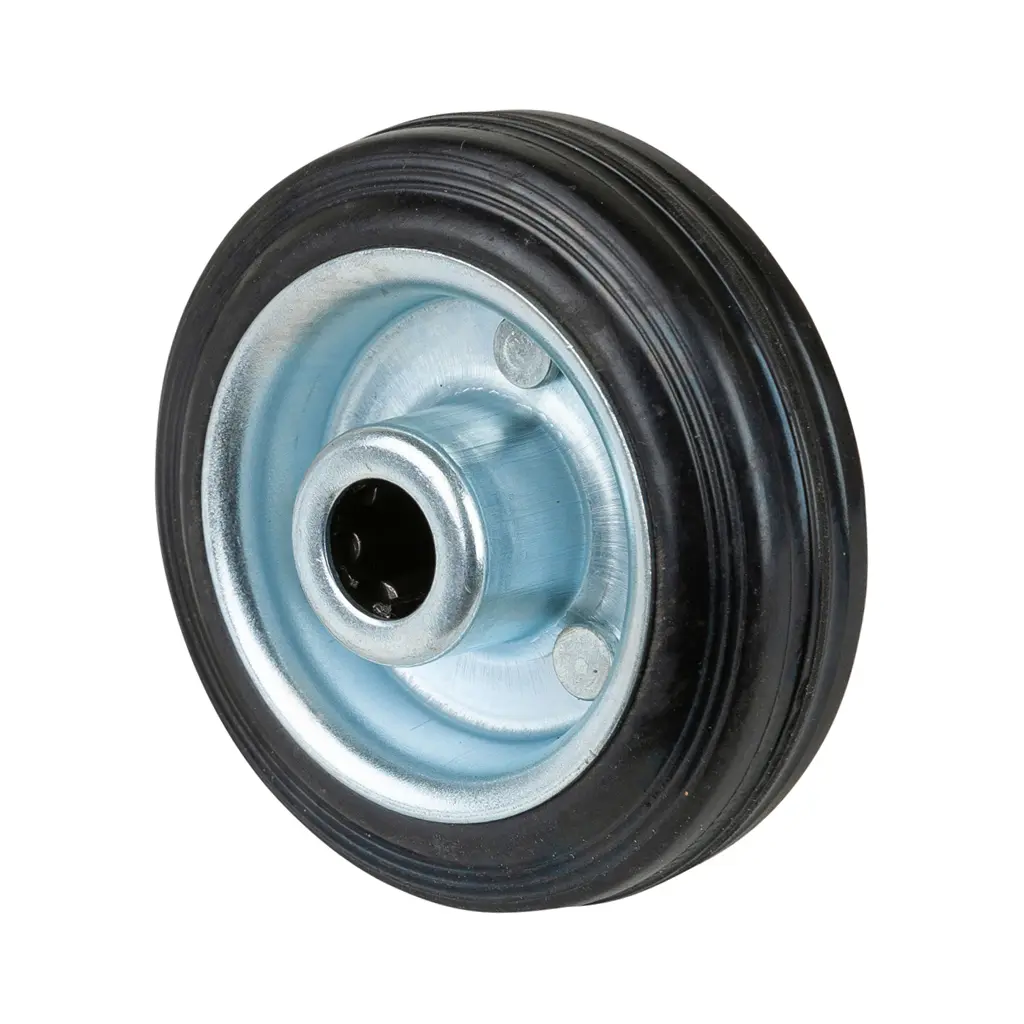 B55.080 Wheel series 80mm black rubber on zinc plated steel centre 12mm bore hub length 40mm roller bearing 50kg