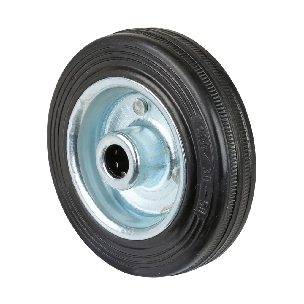 B55.100 Wheel series 100mm black rubber on zinc plated steel centre 12mm bore hub length 40mm roller bearing 70kg