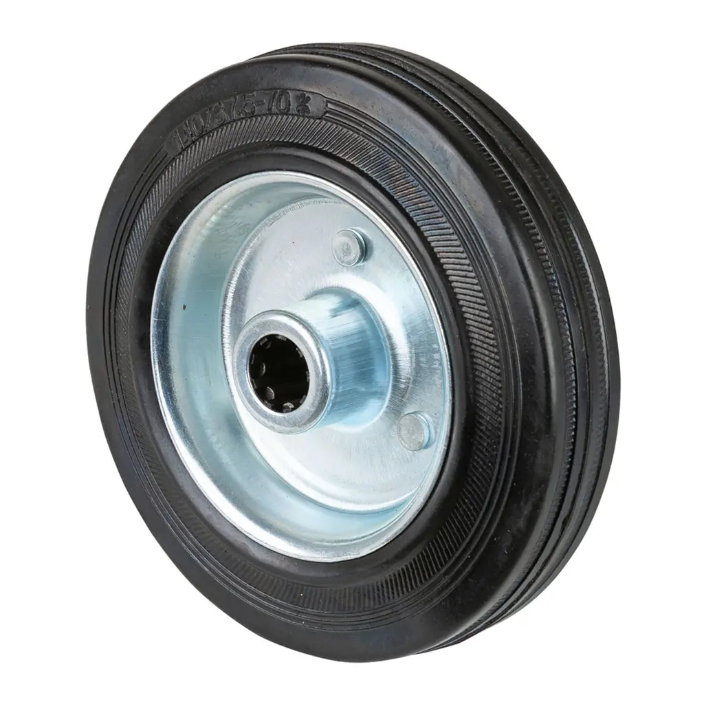 B55.140 Wheel series 140mm black rubber on zinc plated steel centre 15mm bore hub length 50mm roller bearing 115kg