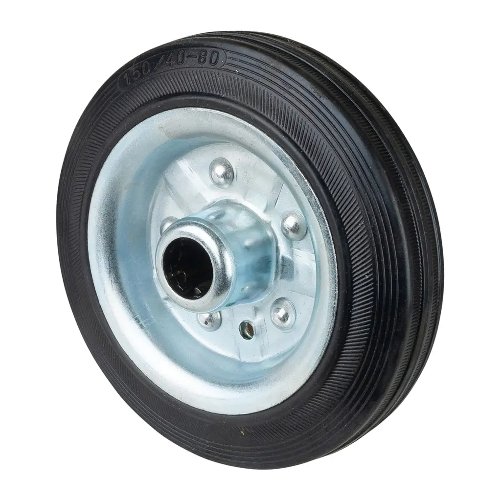 B55.150 Wheel series 150mm black rubber on zinc plated steel centre 20mm bore hub length 49mm roller bearing 160kg