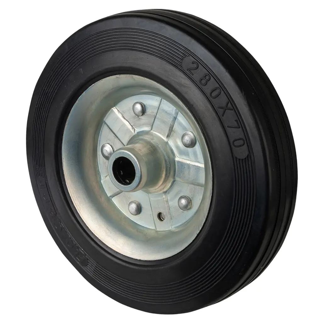 B55.280 Wheel series 280mm black rubber on zinc plated steel centre 25mm bore hub length 84mm roller bearing 400kg