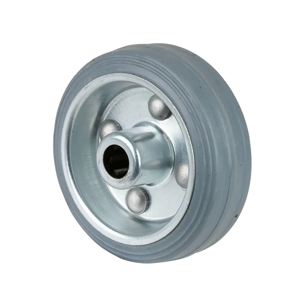 B56.080 Wheel series 80mm grey rubber on zinc plated steel centre 12mm bore hub length 40mm roller bearing 50kg