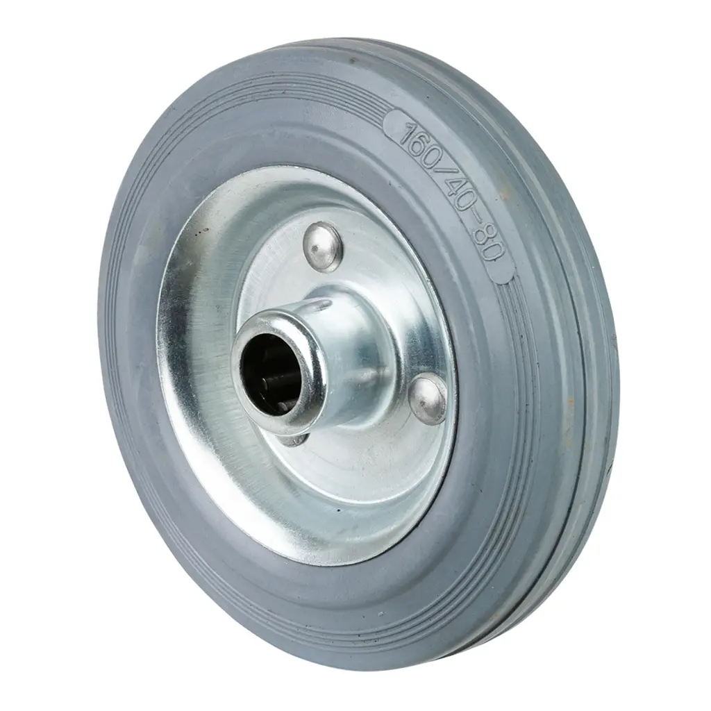 B56.160 Wheel series 160mm grey rubber on zinc plated steel centre 20mm bore hub length 60mm roller bearing 135kg