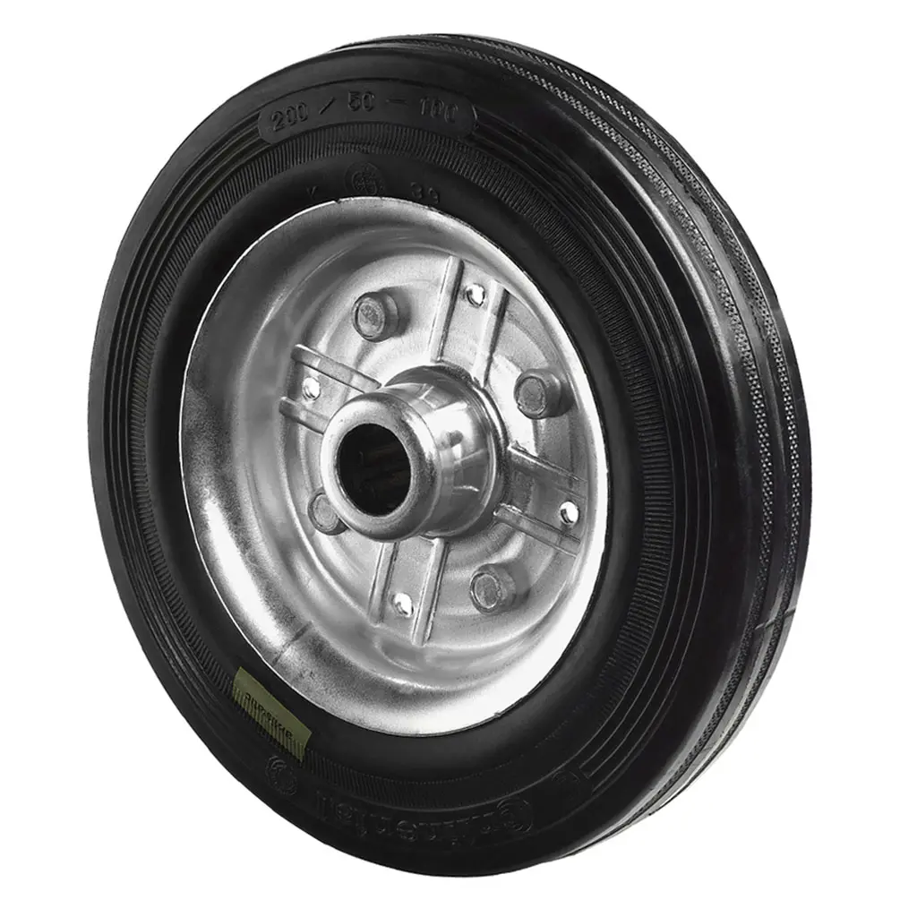 B58.200 Wheel series 200mm electrically conductive black rubber on zinc plated steel centre 20mm bore hub length 58mm roller bearing 225kg