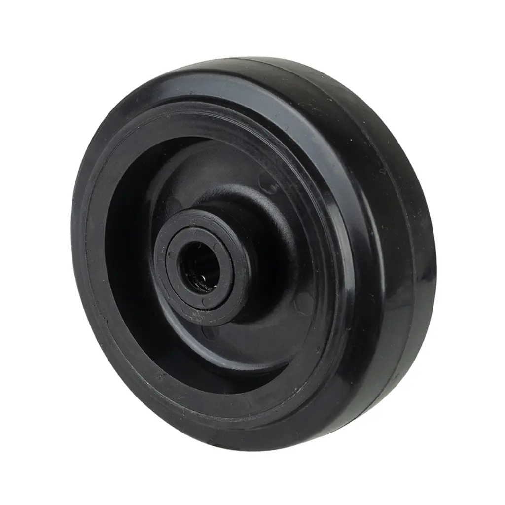 B60.125 Wheel series 125mm black elastic rubber on polypropylene centre 15mm bore hub length 50mm roller bearing 200kg