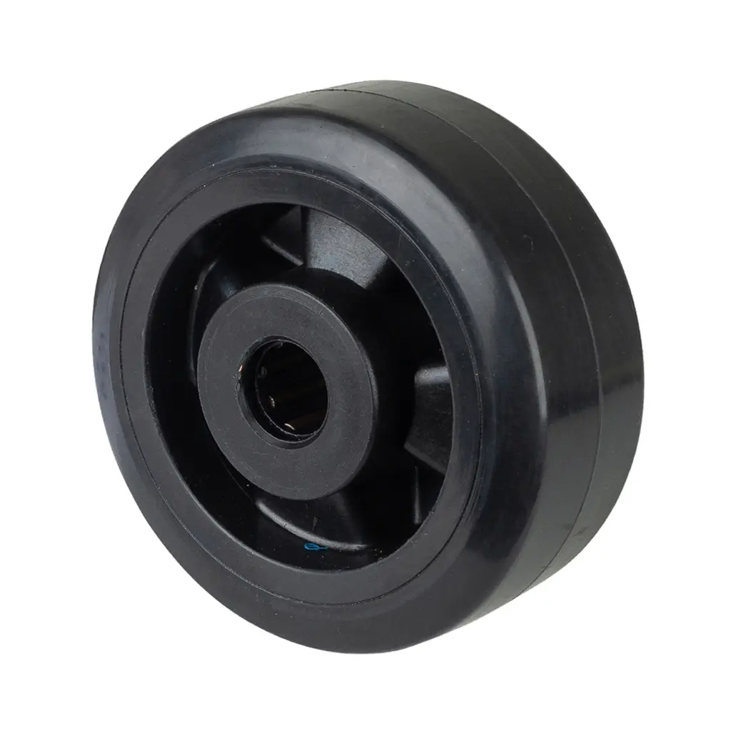 B60.126 Wheel series 125mm black elastic rubber on polypropylene centre 20mm bore hub length 58mm roller bearing 300kg