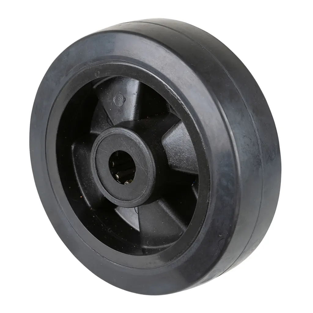 B60.160 Wheel series 160mm black elastic rubber on polypropylene centre 20mm bore hub length 58mm roller bearing 350kg