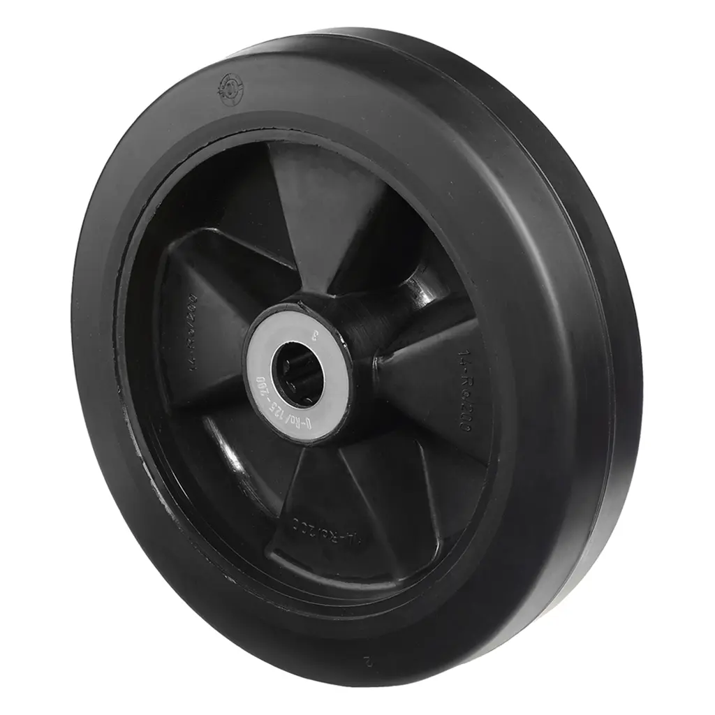 B60.200 Wheel series 200mm black elastic rubber on polypropylene centre 20mm bore hub length 58mm roller bearing 400kg