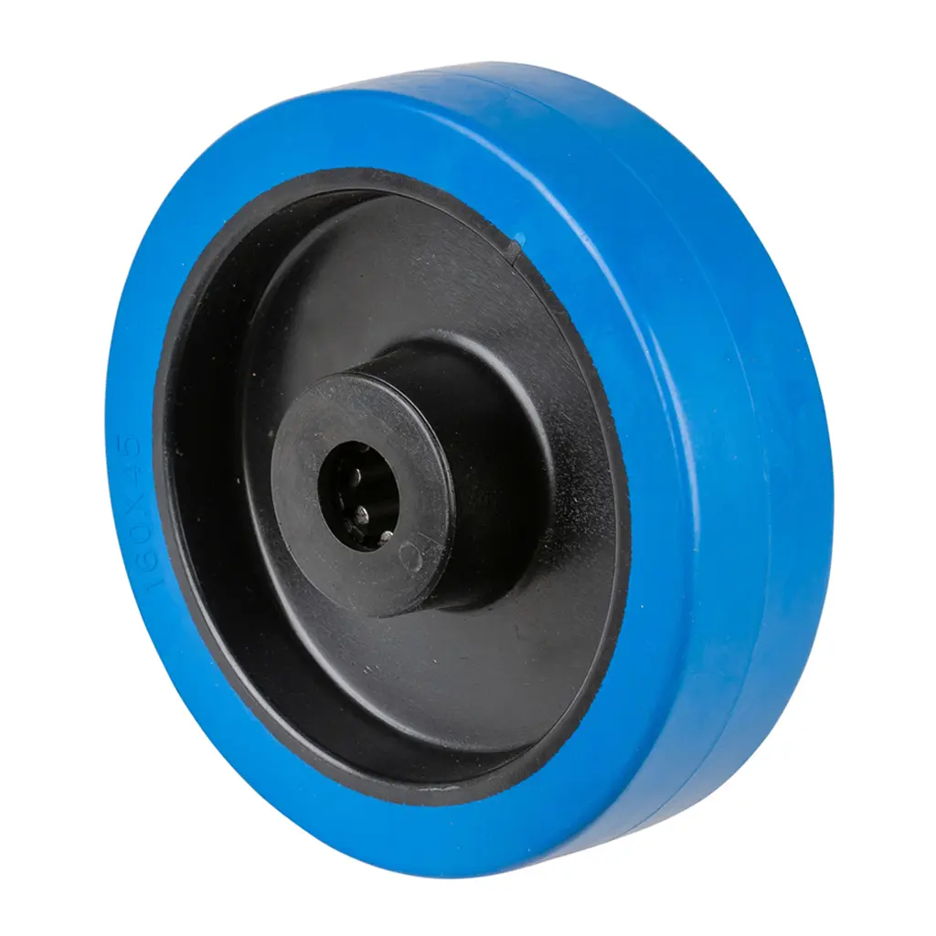 B61.160 Wheel series 160mm blue elastic rubber on polypropylene centre 20mm bore hub length 60mm roller bearing 350kg