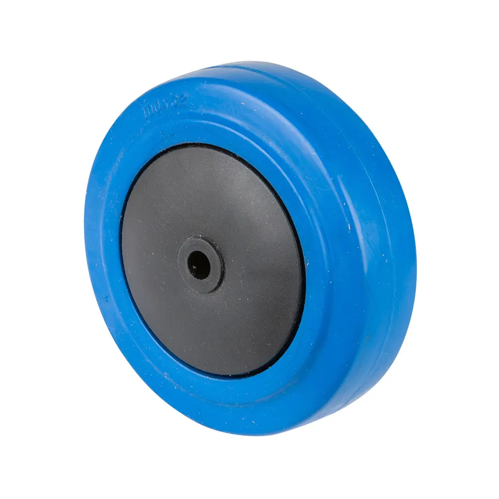 B62.101 Wheel series 100mm blue elastic rubber on polypropylene centre 8mm bore hub length 42mm single ball bearing 150kg