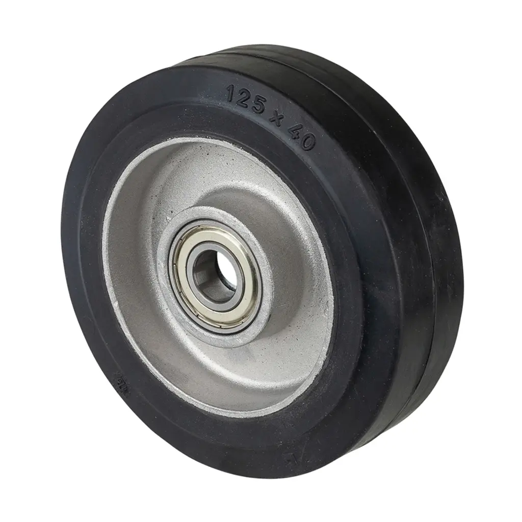 B80.127 Wheel series 125mm black elastic rubber on aluminium centre 15mm bore hub length 40mm ball bearings 180kg