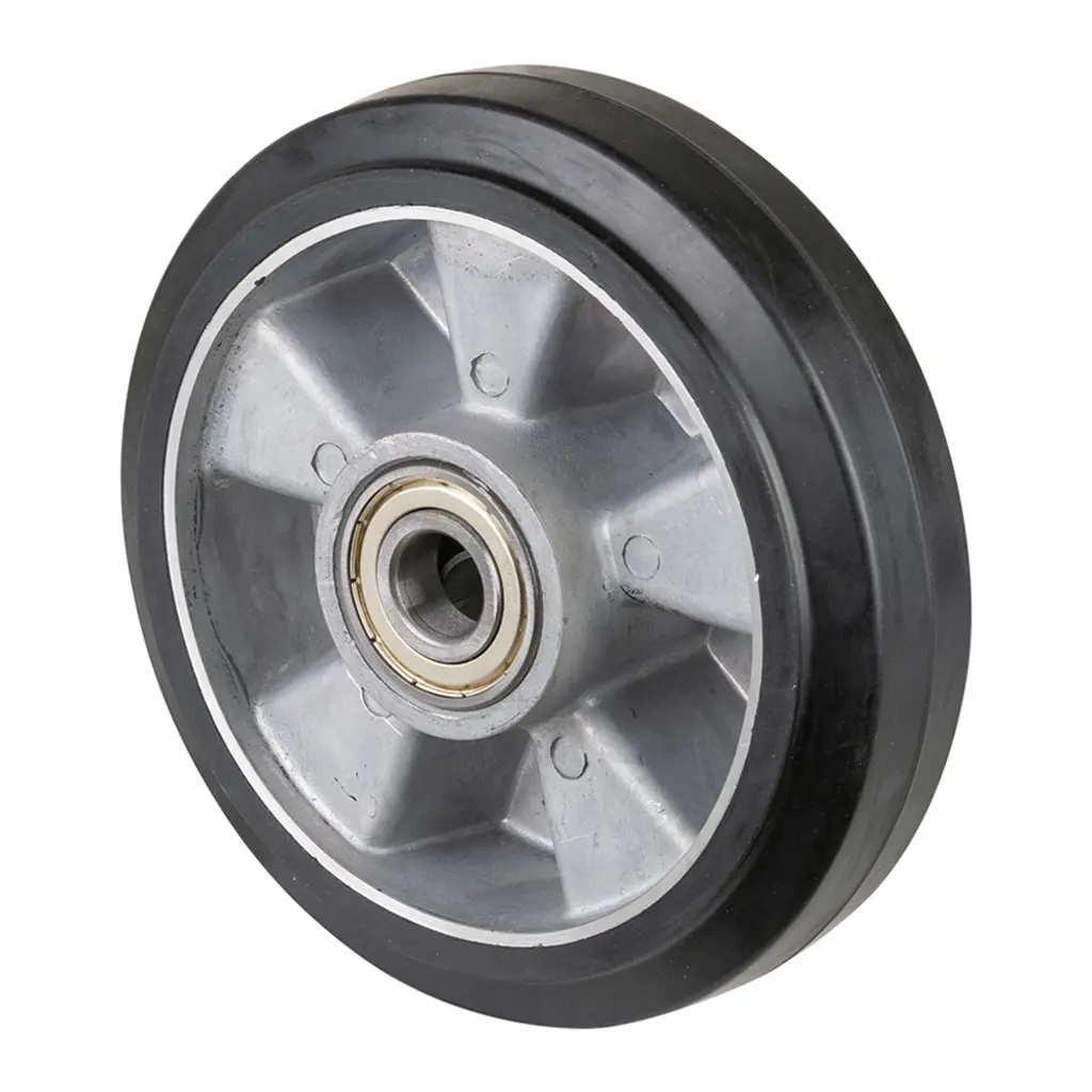 B80.180 Wheel series 180mm black elastic rubber on aluminium centre 20mm bore hub length 60mm ball bearings 400kg