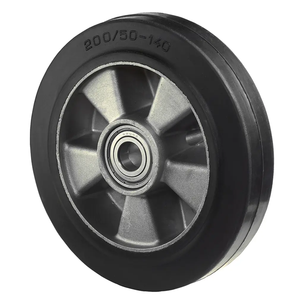 B80.200 Wheel series 200mm black elastic rubber on aluminium centre 20mm bore hub length 60mm ball bearings 450kg