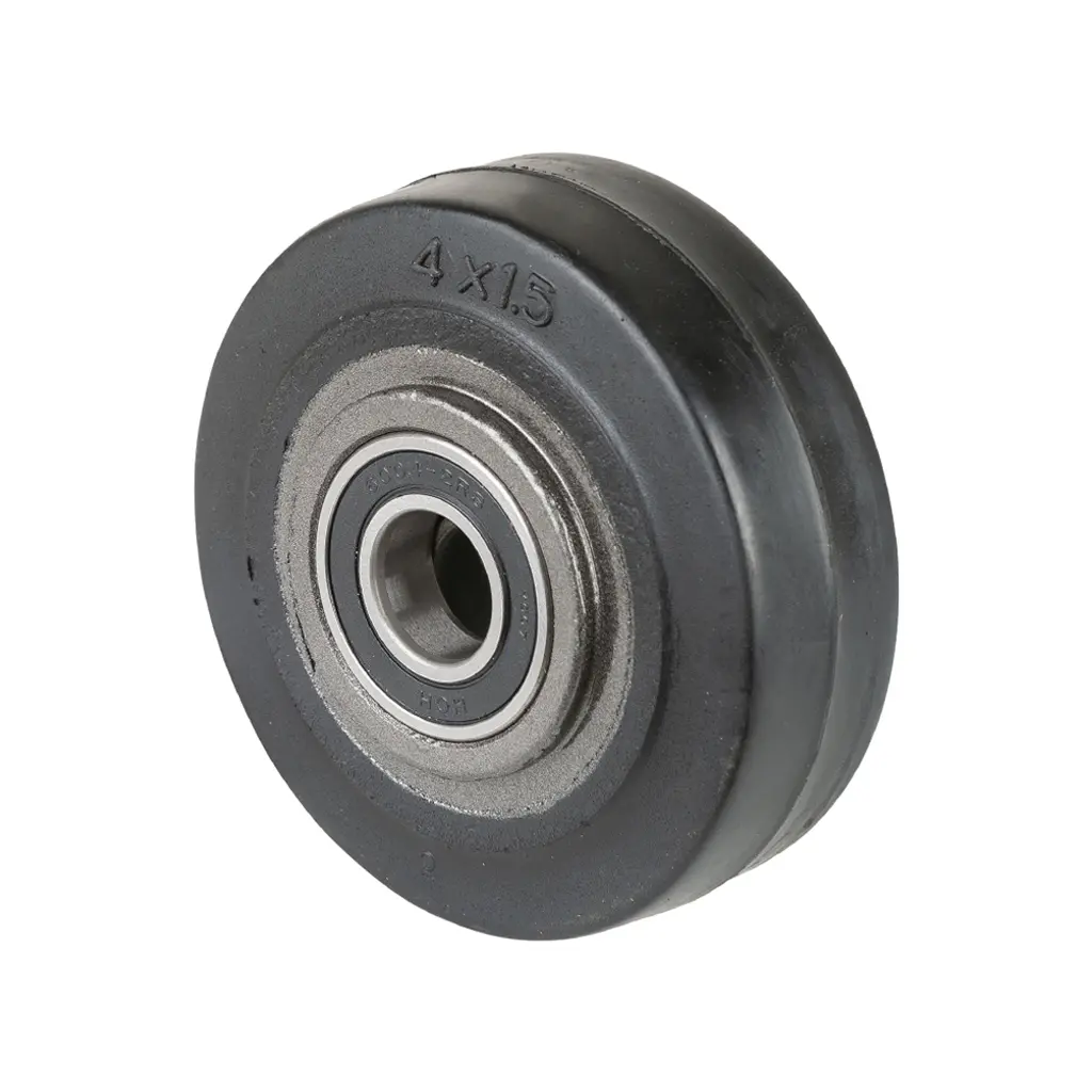 B81.100 Wheel series 100mm black elastic rubber on cast iron centre 20mm bore hub length 45mm ball bearings 150kg