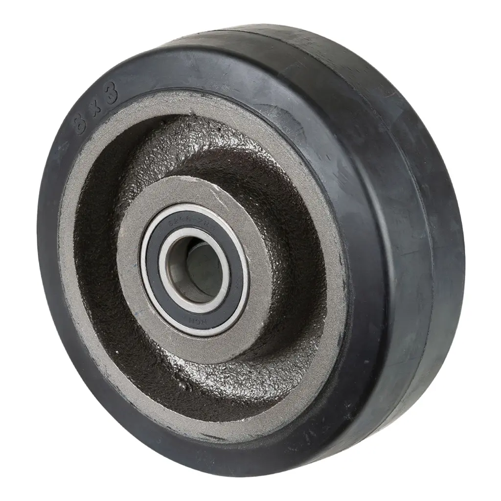 B81.203 Wheel series 200mm black elastic rubber on cast iron centre 30mm bore hub length 82mm ball bearings 550kg