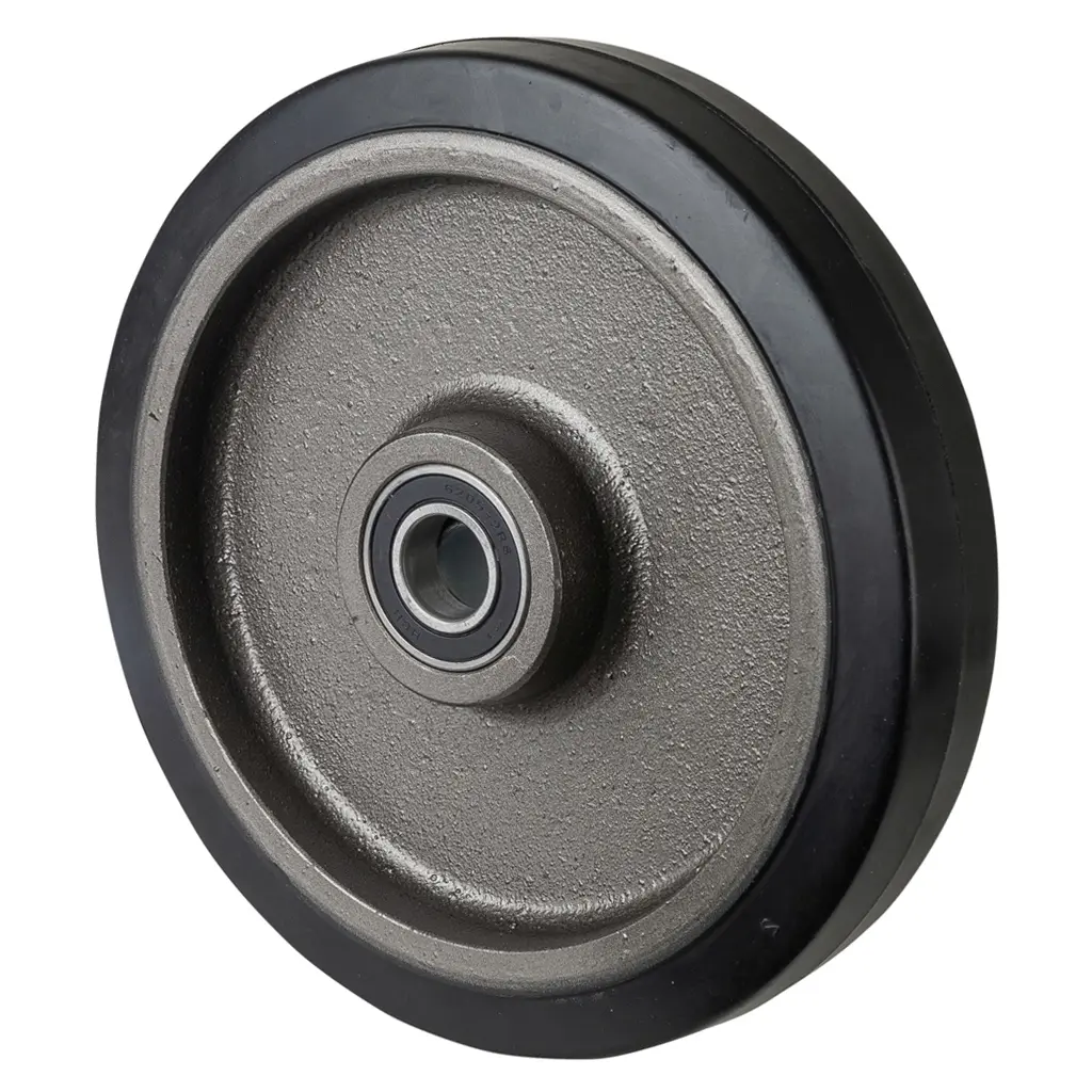 B81.252 Wheel series 250mm black elastic rubber on cast iron centre 25mm bore hub length 60mm ball bearings 500kg