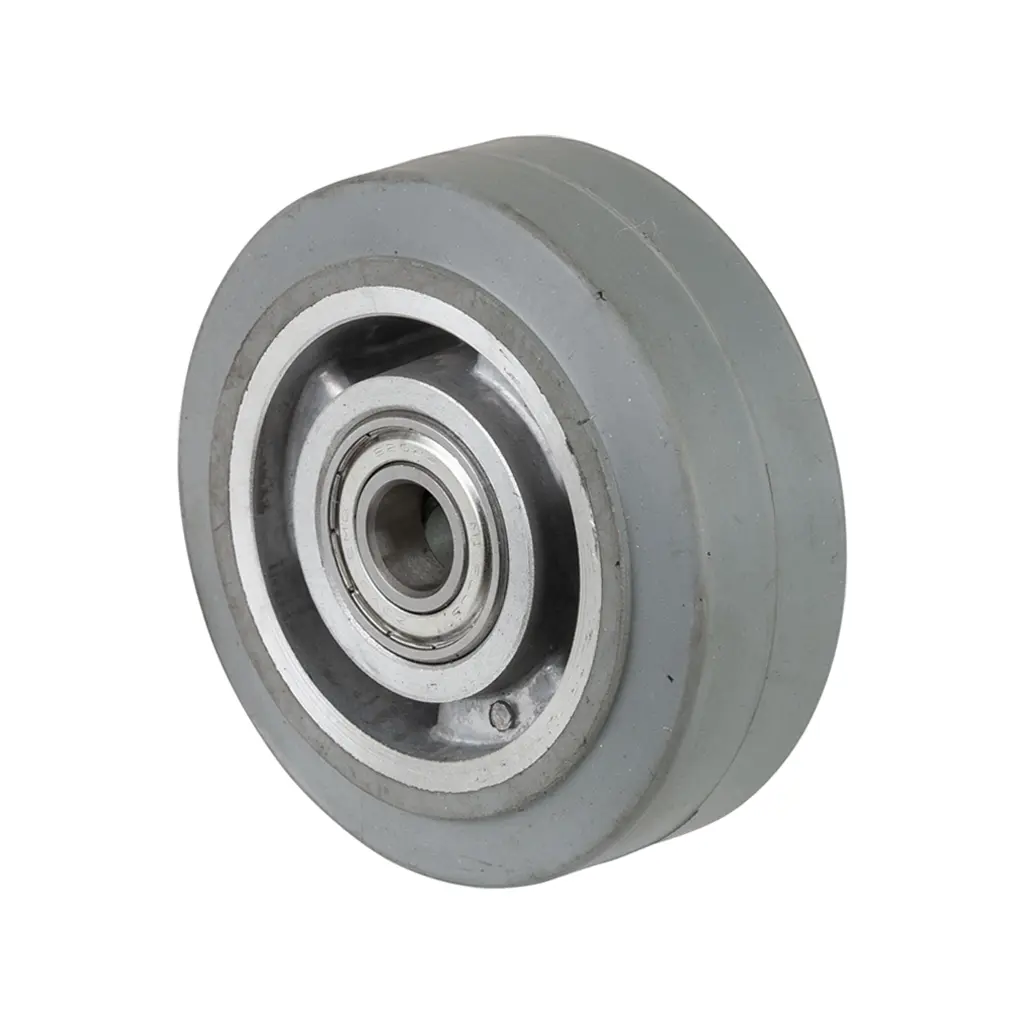 B83.100 Wheel series 100mm grey elastic rubber on aluminium centre 15mm bore hub length 40mm ball bearings 150kg