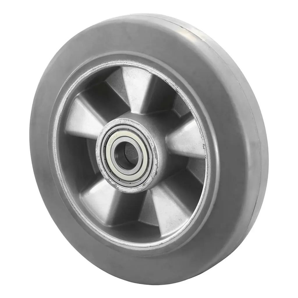 B83.200 Wheel series 200mm grey elastic rubber on aluminium centre 20mm bore hub length 60mm ball bearings 450kg