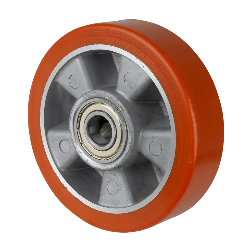 B90.150 Wheel series 150mm brown Prothane® polyurethane on aluminium centre 20mm bore hub length 50mm ball bearing 400kg