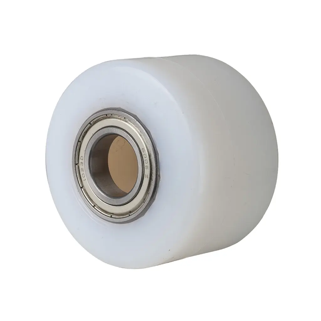 C45.85.25 Wheel series Pallet truck roller 85x60mm white nylon 25mm bore, width over ball bearings 59mm, 600kg