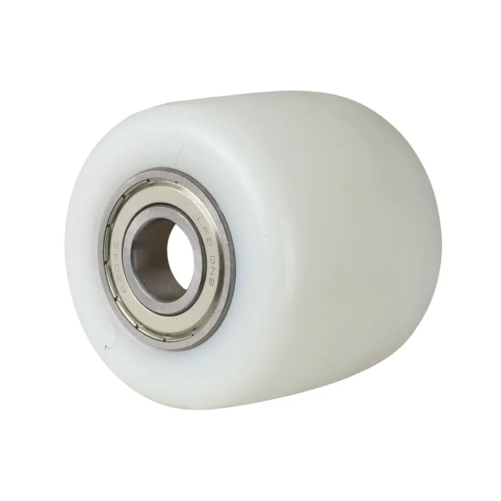 C45/82/70/73/20 Wheel series Pallet truck roller 82x70mm white nylon 20mm bore, width over ball bearings 73mm, 700kg