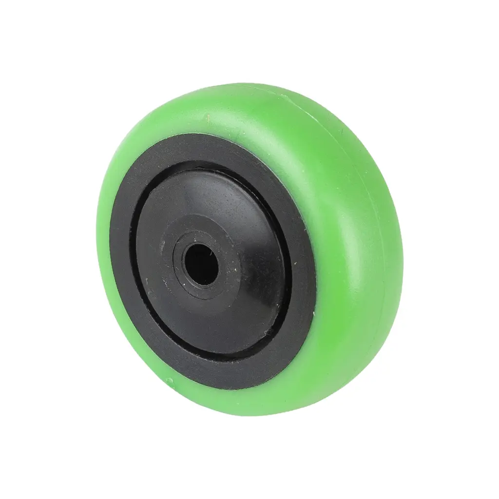 A85.051.F004 Wheel series 50mm green thermoplastic rubber on polypropylene centre 6mm bore hub length 22mm single ball bearing 50kg