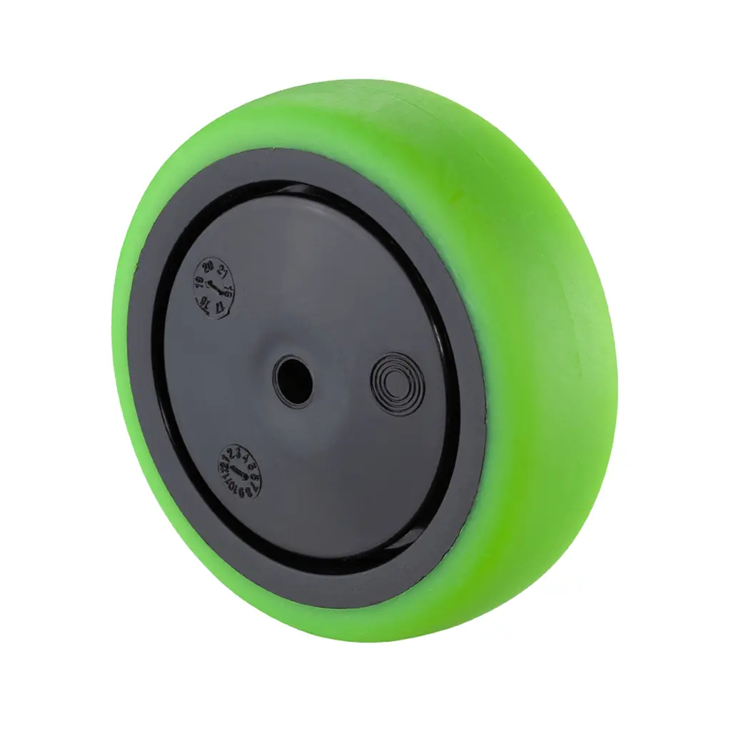 A85.076.F004 Wheel series 75mm green thermoplastic rubber on polypropylene centre 6mm bore hub length 28mm single ball bearing 75kg