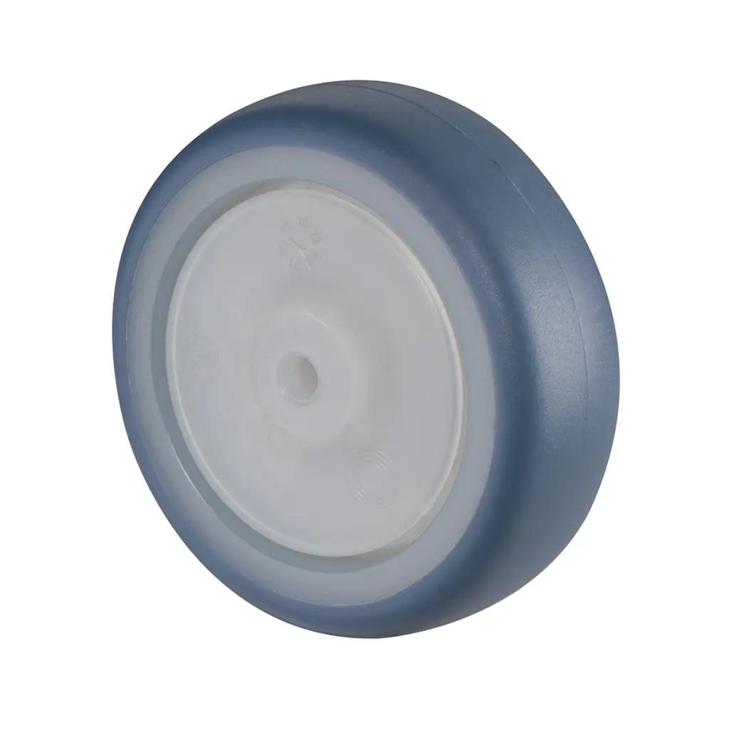 A85.076.F005 Wheel series 75mm light blue thermoplastic rubber on polypropylene centre 6mm bore hub length 28mm single ball bearing 75kg