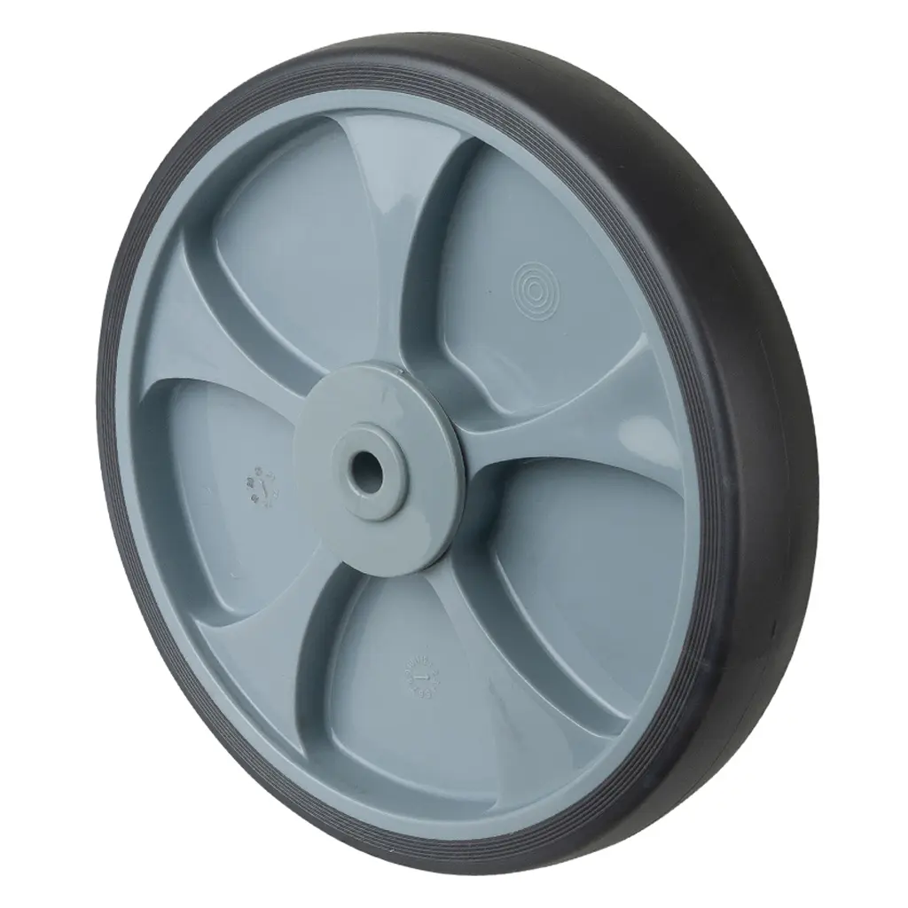 A85.250 Wheel series 250mm grey thermoplastic rubber on polypropylene centre 12mm bore hub length 60mm single ball bearing 300kg