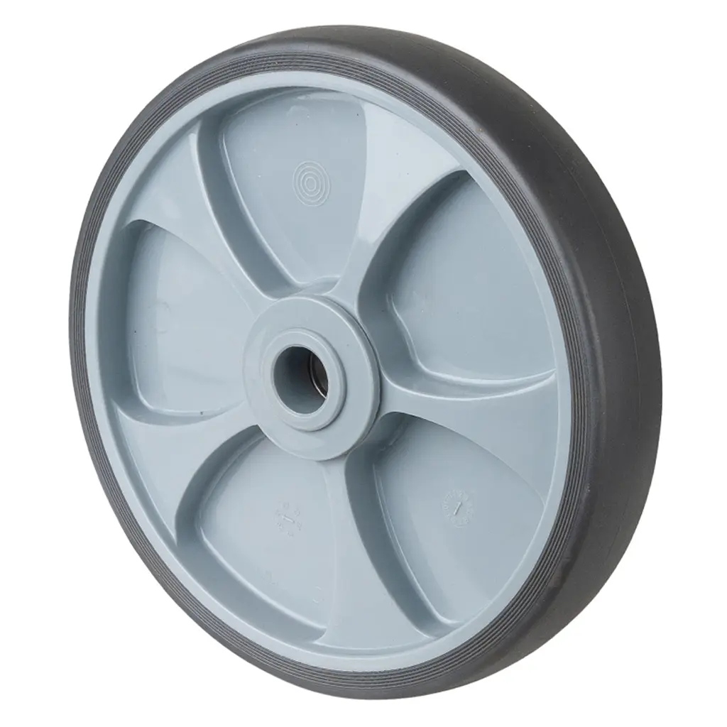 A85.252 Wheel series 250mm grey thermoplastic rubber on polypropylene centre 25mm bore hub length 60mm single ball bearing 300kg