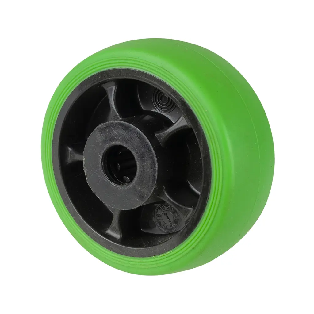 B44.081.F004 Wheel series 80mm green thermoplastic rubber on polypropylene centre 12mm bore hub length 40mm roller bearing 100kg