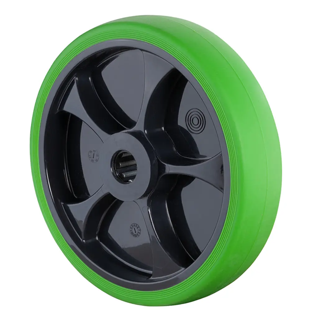 B44.201.F004 Wheel series 200mm green thermoplastic rubber on polypropylene centre 20mm bore hub length 60mm roller bearing 220kg