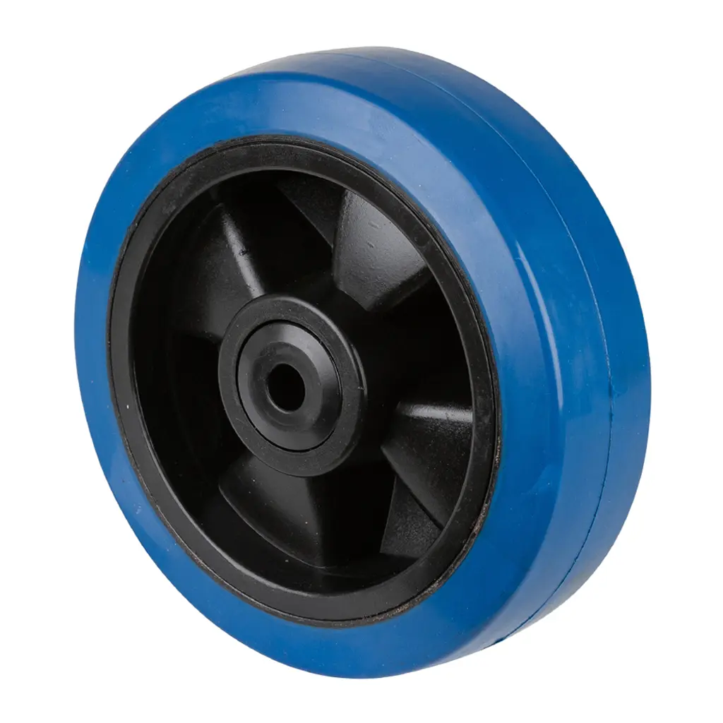 B62.161 Wheel series 160mm blue elastic rubber on polypropylene centre 12mm bore hub length 60mm ball bearings 350kg