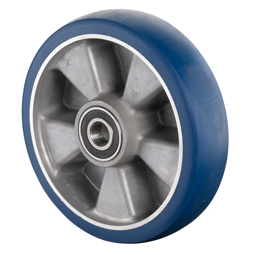 B92.200 Wheel series 200mm blue Besothane polyurethane on aluminium centre 20mm bore hub length 60mm ball bearing 800kg