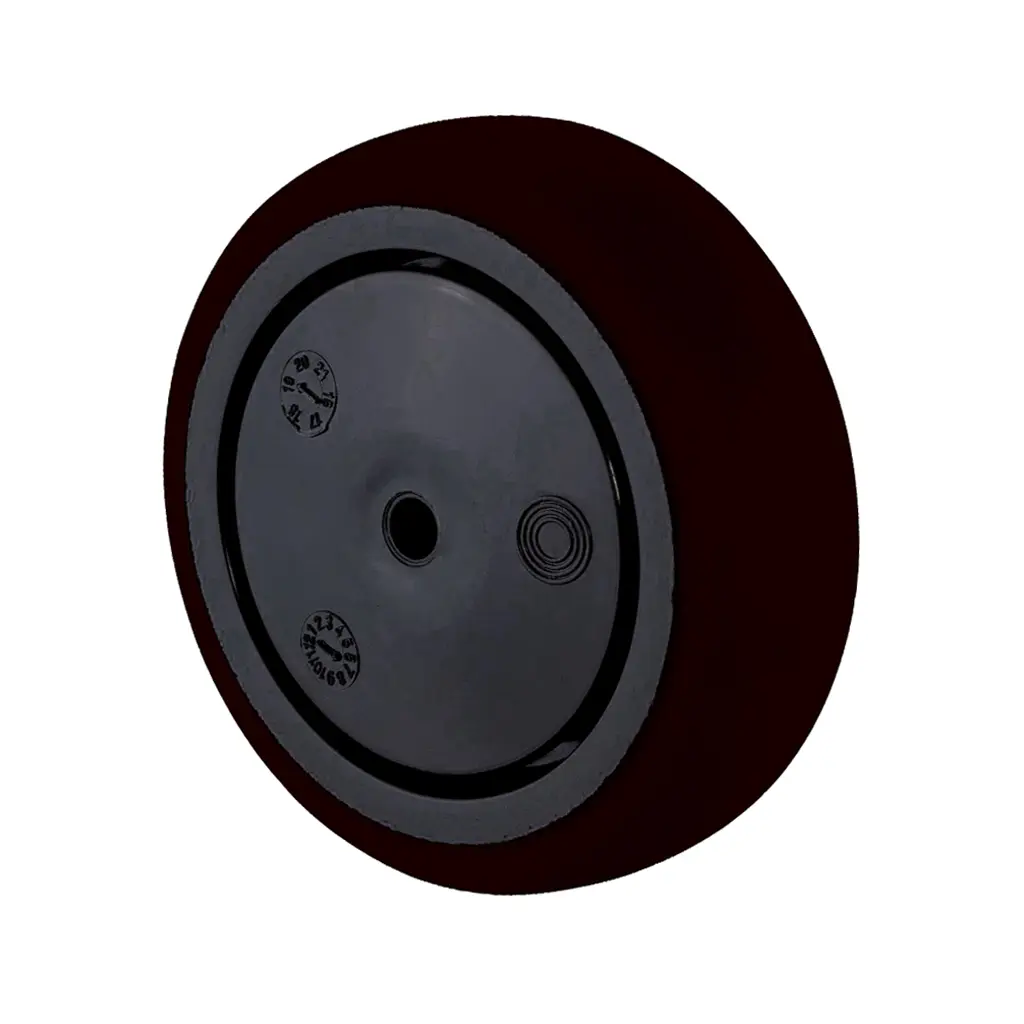 A85.076.F006 Wheel series 75mm black thermoplastic rubber on polypropylene centre 6mm bore hub length 28mm single ball bearing 75kg