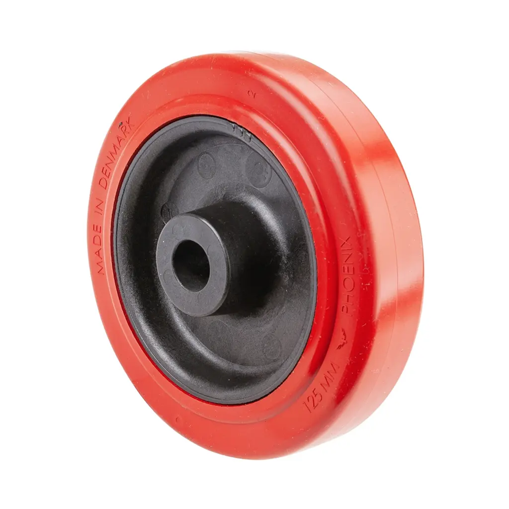 B21.127 Wheel series 125mm red heat resistant silicone rubber on fibre glass reinforced polyamide centre (-25°C - +250°C) 20mm bore hub length 48mm plain bearing 130kg