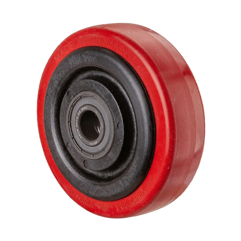 B24.101 Wheel series 100mm red heat resistant silicone rubber on fibre glass reinforced polyamide centre (-25°C - +250°C) 15mm bore hub length 40mm ball bearings 100kg
