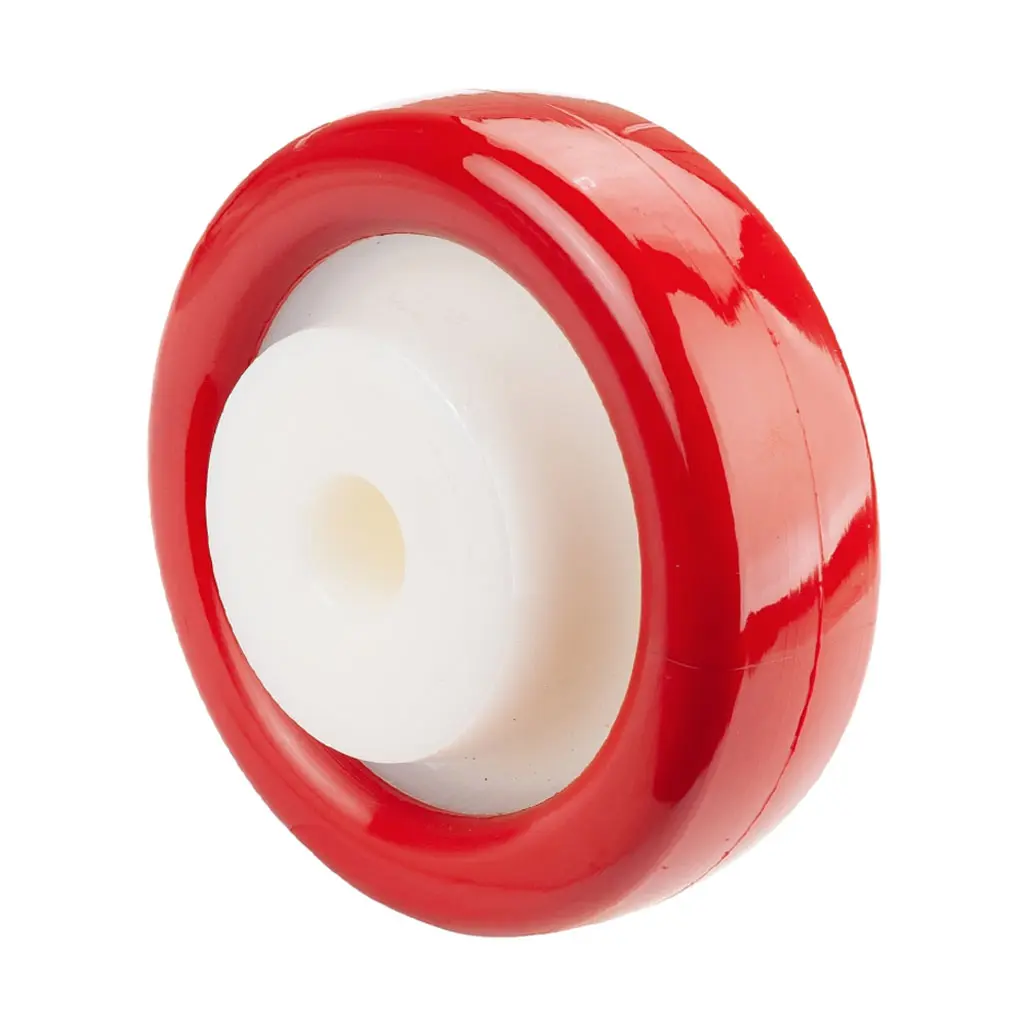 B27.128 Wheel series 125mm red polyurethane on nylon centre 20mm bore hub length 60mm plain bearing 400kg