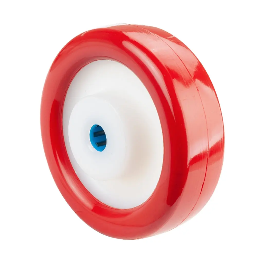 B28.127 Wheel series 125mm red polyurethane on nylon centre 15mm bore hub length 50mm stainless steel roller bearing 300kg