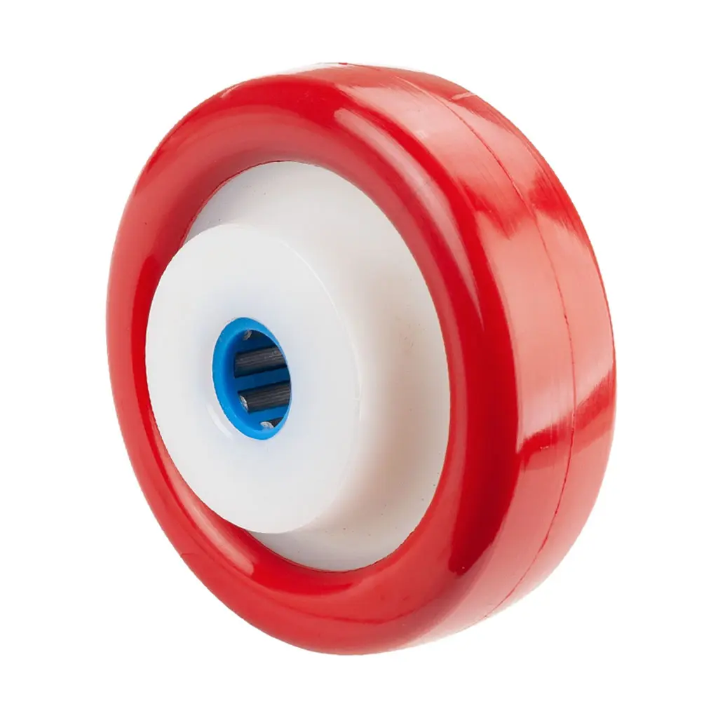 B28.128 Wheel series 125mm red polyurethane on nylon centre 20mm bore hub length 60mm stainless steel roller bearing 400kg