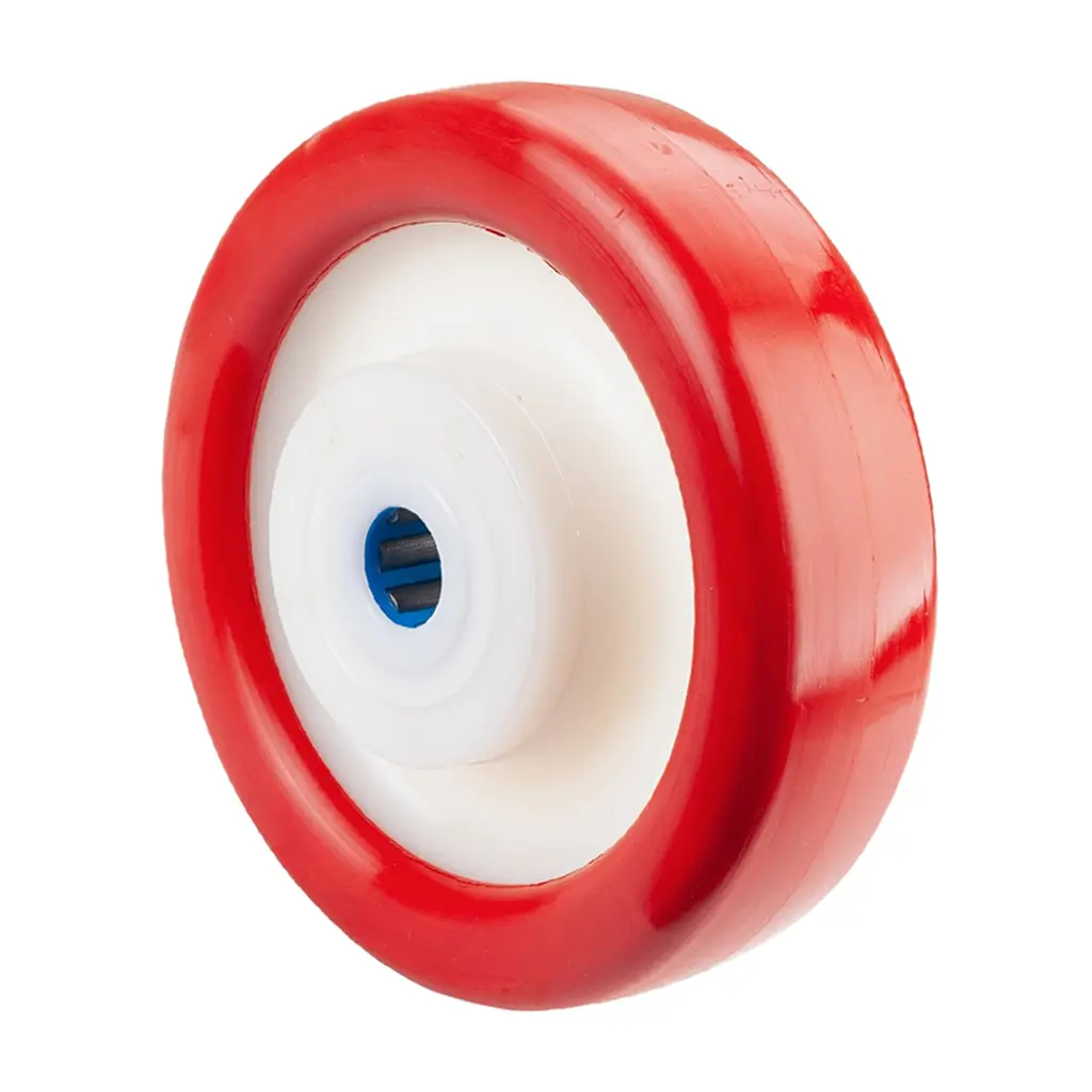 B28.160 Wheel series 160mm red polyurethane on nylon centre 20mm bore hub length 60mm stainless steel roller bearing 600kg