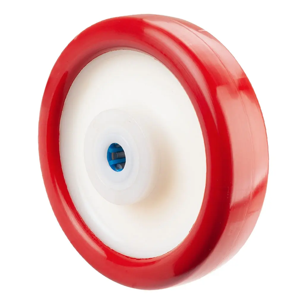 B28.201 Wheel series 200mm red polyurethane on nylon centre 20mm bore hub length 60mm stainless steel roller bearing 750kg