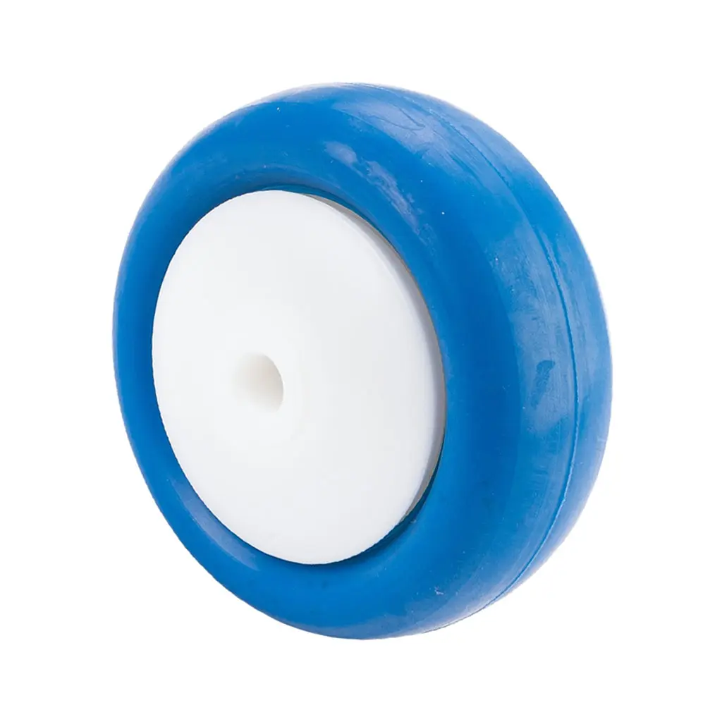 B34.080 Wheel series 80mm blue soft polyurethane on nylon centre 8mm bore hub length 40mm single ball bearing 70kg