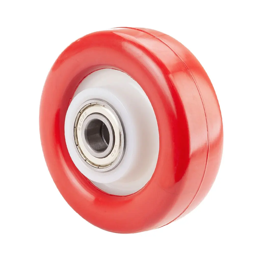 B38.100 Wheel series 100mm red polyurethane on nylon centre 15mm bore hub length 44mm ball bearing 250kg