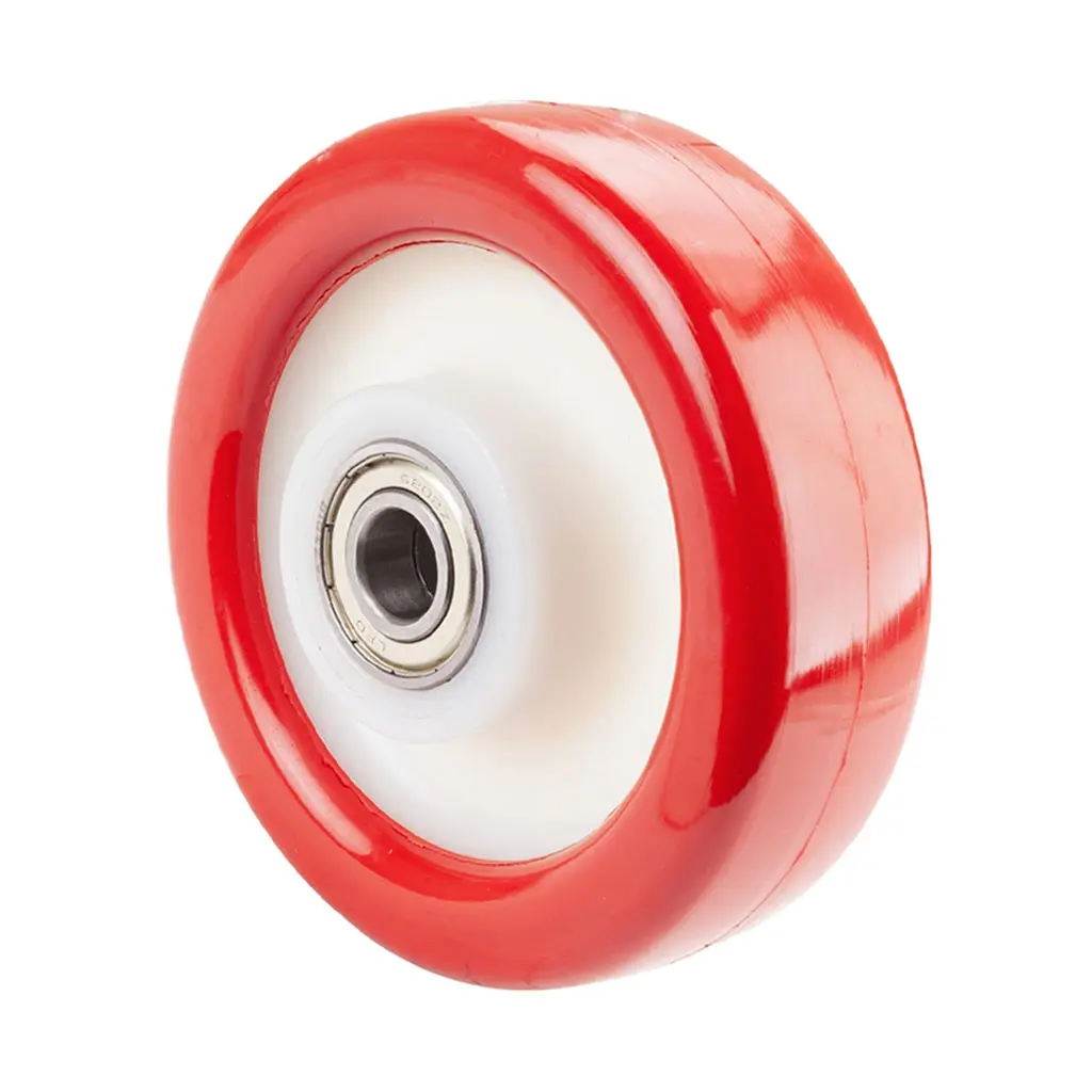 B38.125 Wheel series 125mm red polyurethane on nylon centre 15mm bore hub length 50mm ball bearing 300kg